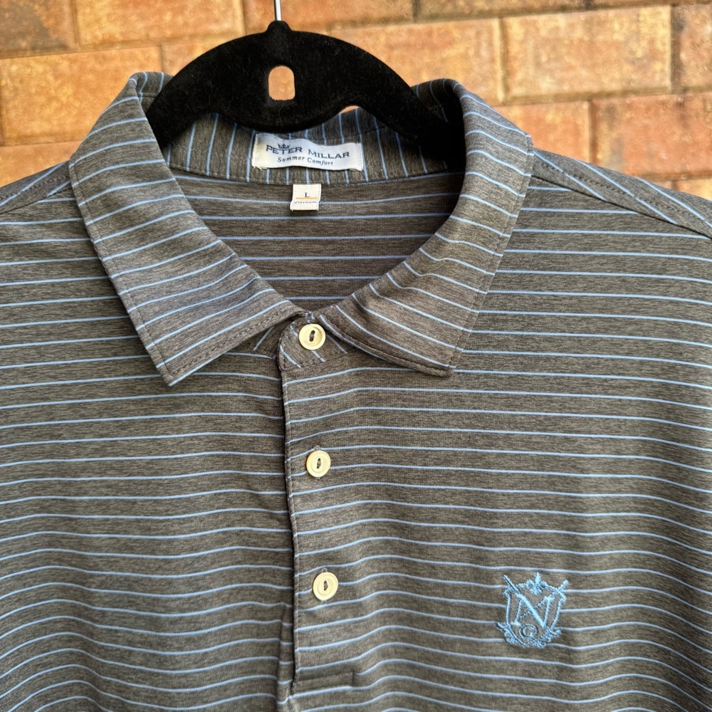 Peter Millar Summer Comfort Gray and Blue Striped Golf Polo Shirt Men’s Size L